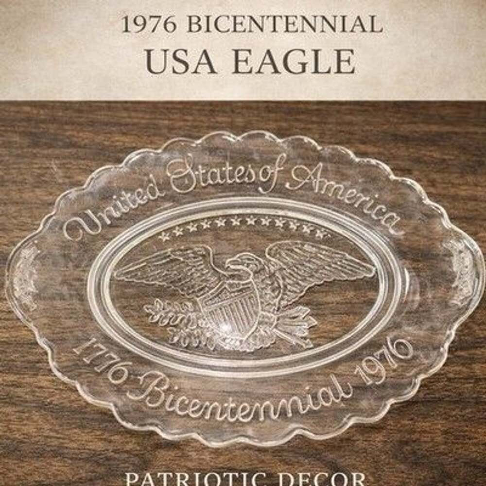 Vintage USA Bicentennial Clear Glass Plate with Eagle 1776- 1976 Oval 9.25In